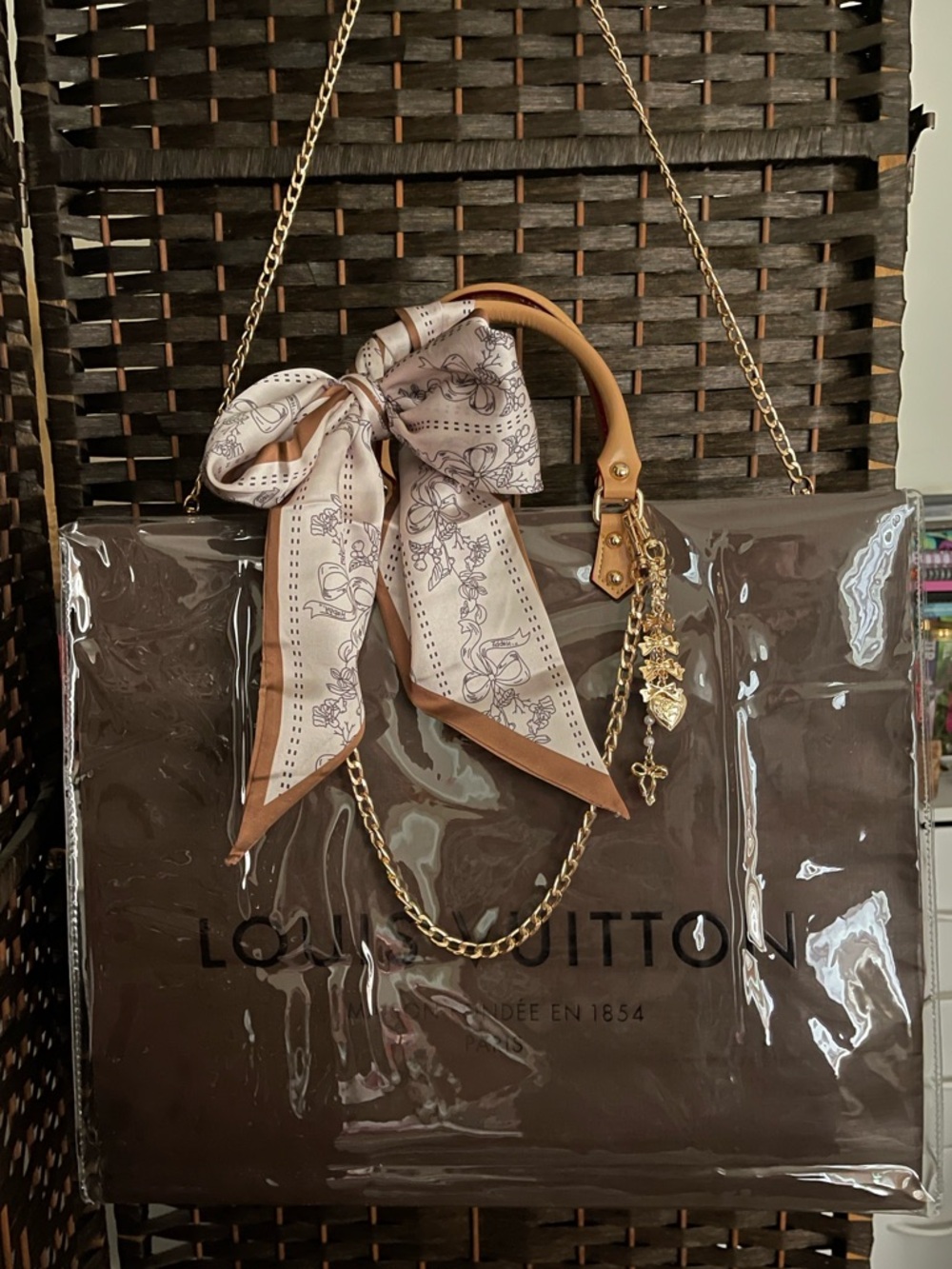Louis Vuitton Elegant Brown Shopping Tote Bag with Scarf Accent and charms - Picture 10 of 11